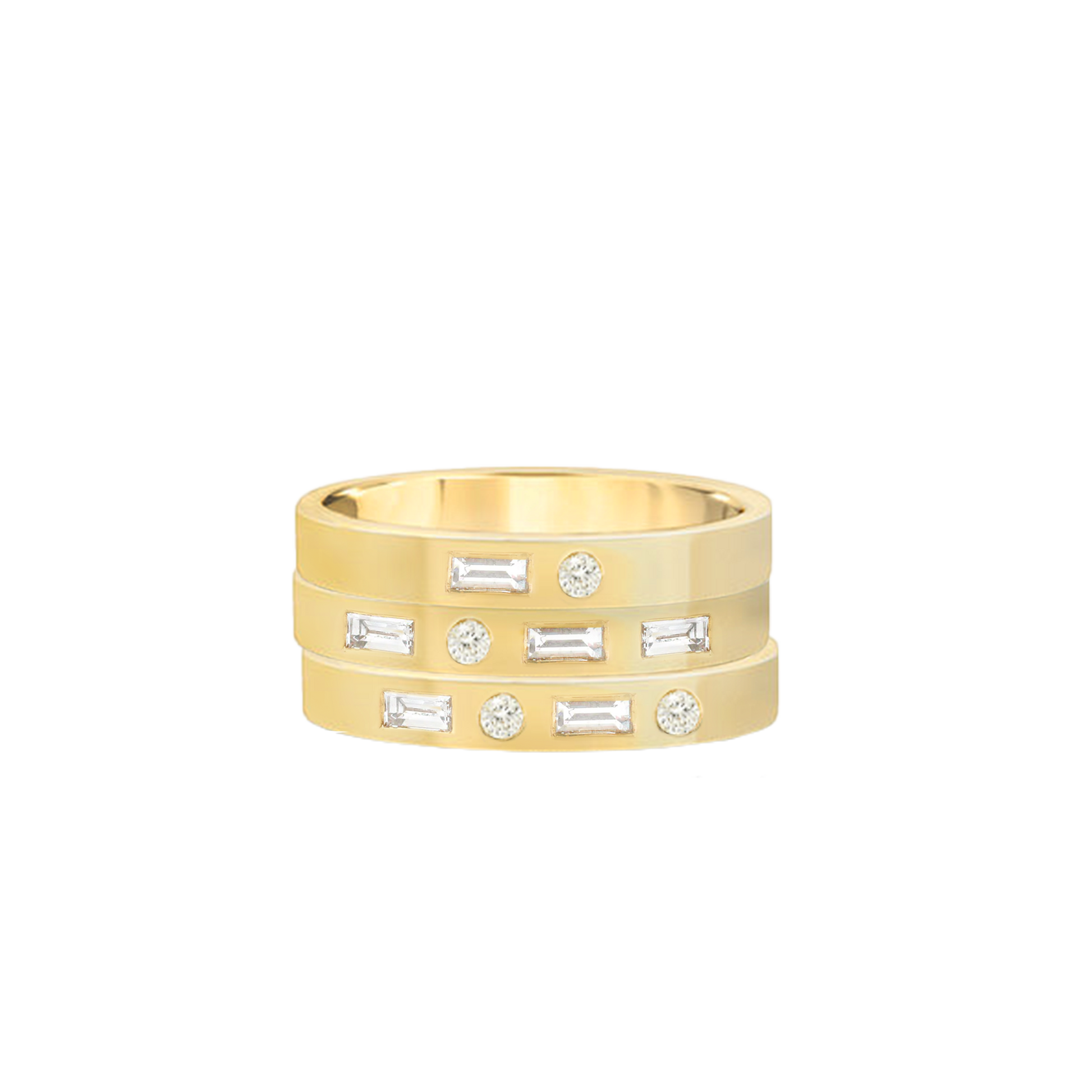 a trio stack of 14k gold and diamond morse code letter rings spelling NYC
