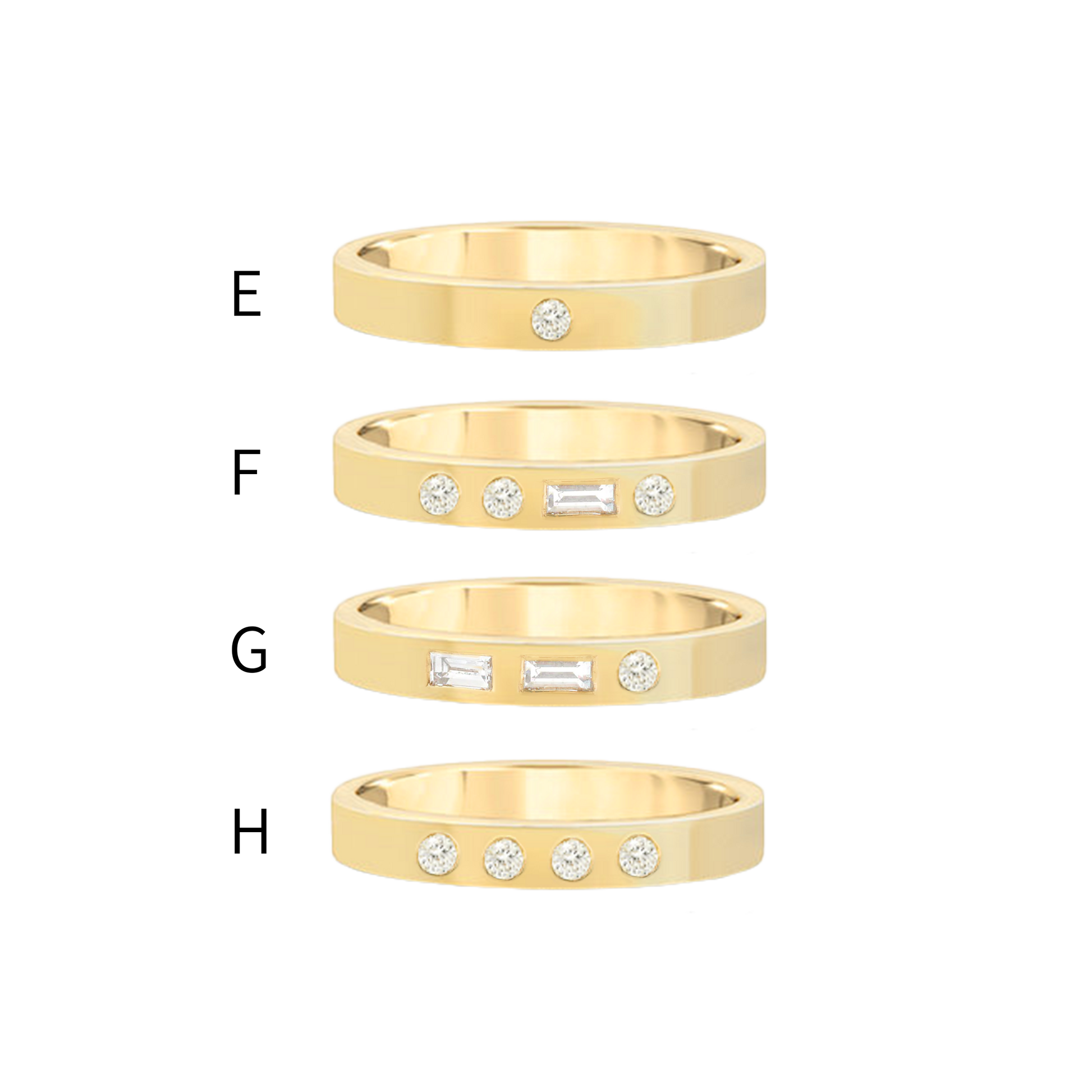 Morse code monogram gold ring with lab grown diamonds letter e, letter f, letter g, letter h