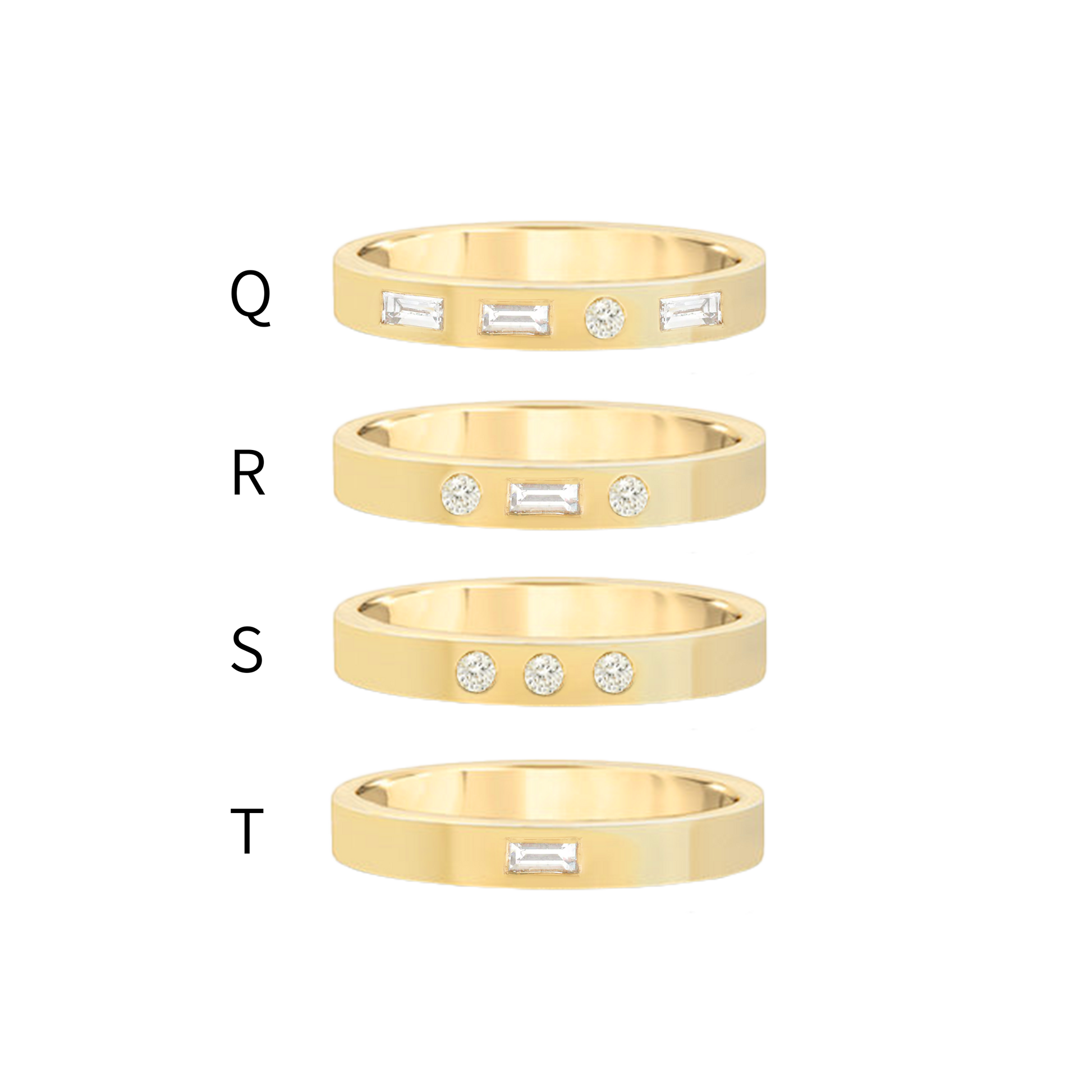 Morse code monogram gold ring with lab grown diamonds letter q, letter r, letter s, letter t