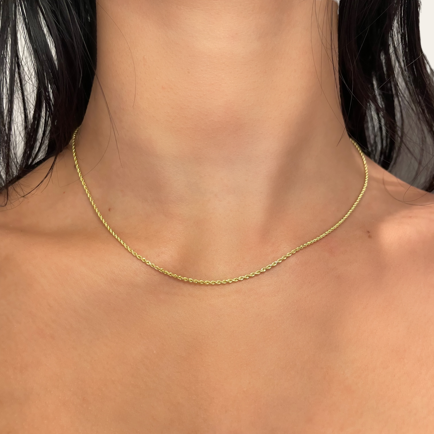 14k solid gold rope chain necklace on neck